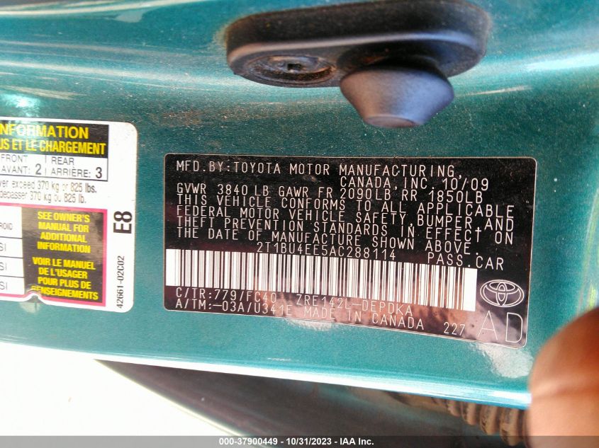 2010 Toyota Corolla VIN: 2T1BU4EE5AC288114 Lot: 37900449