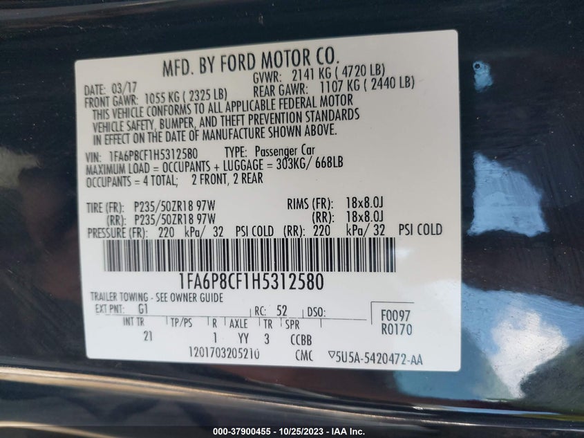 1FA6P8CF1H5312580 2017 Ford Mustang Gt