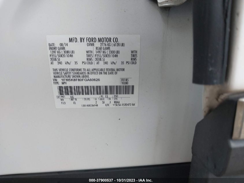 2015 Ford Explorer Limited VIN: 1FM5K8F80FGA60626 Lot: 37900537