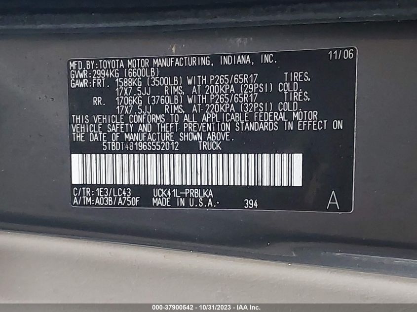 2006 Toyota Tundra Ltd/Dw VIN: 5TBDT48196S552012 Lot: 37900542