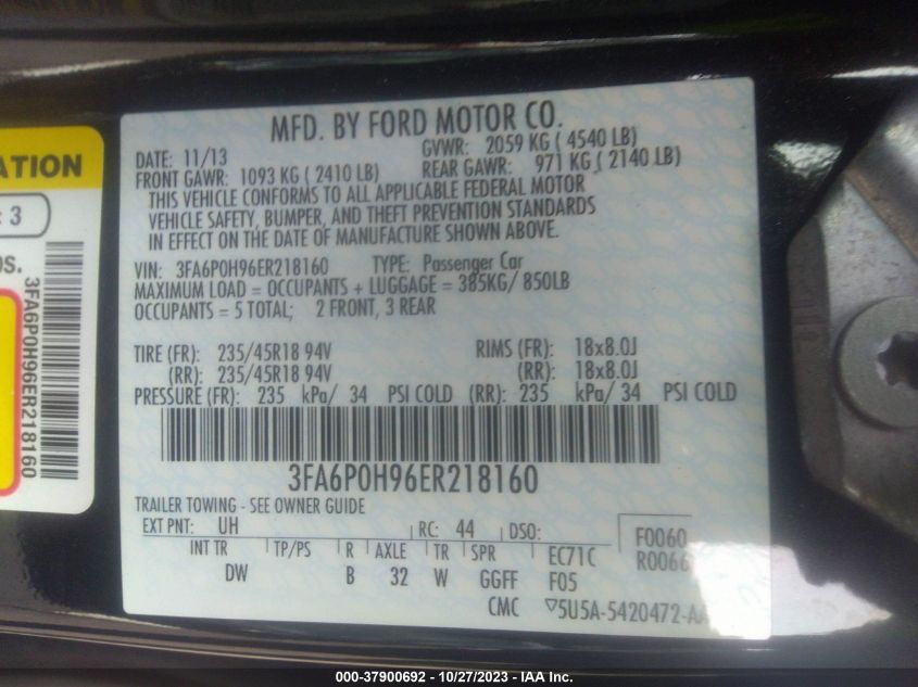 2014 Ford Fusion Se VIN: 3FA6P0H96ER218160 Lot: 37900692