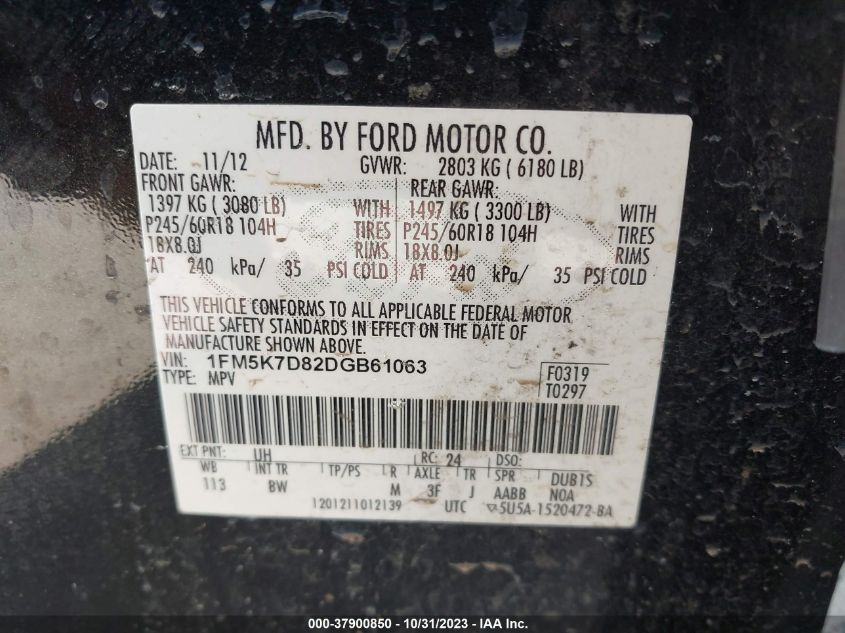 2013 Ford Explorer Xlt VIN: 1FM5K7D82DGB61063 Lot: 37900850