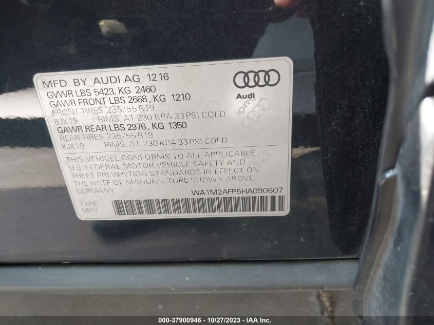 2017 Audi Q5 Premium Plus VIN: WA1M2AFP5HA090607 Lot: 37900946