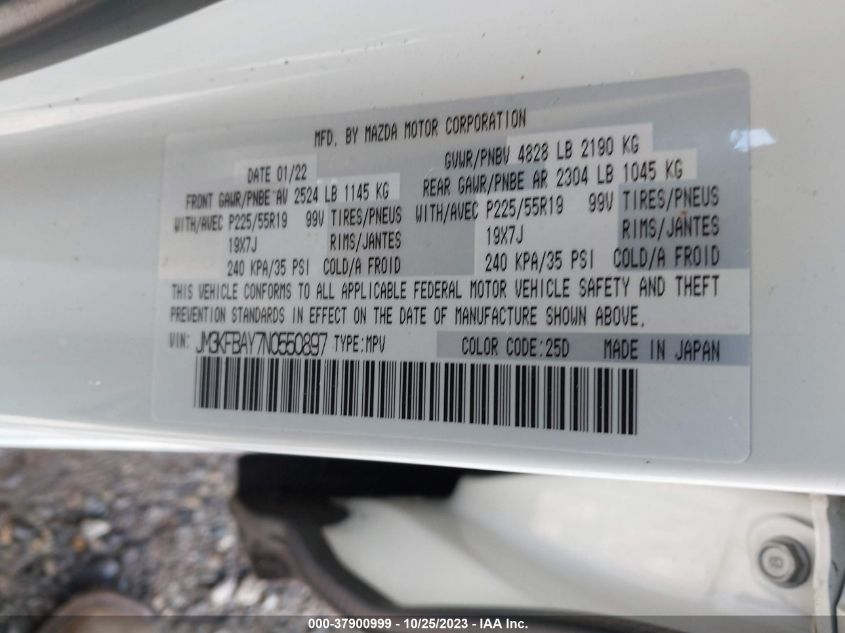 2022 Mazda Cx-5 2.5 Turbo VIN: JM3KFBAY7N0550897 Lot: 37900999