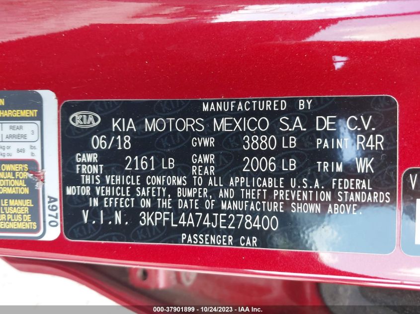 2018 Kia Forte S VIN: 3KPFL4A74JE278400 Lot: 37901899