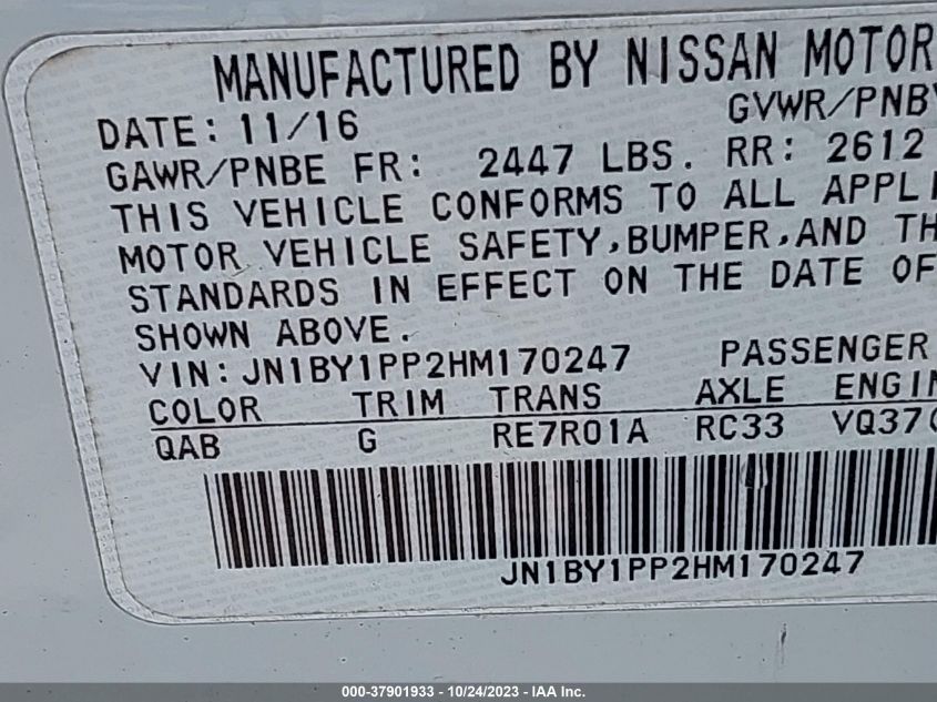 2017 Infiniti Q70L 3.7 VIN: JN1BY1PP2HM170247 Lot: 37901933