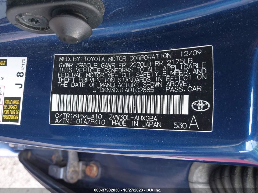 2010 Toyota Prius Ii/Iii/Iv/V/I VIN: JTDKN3DU1A0102885 Lot: 37902030