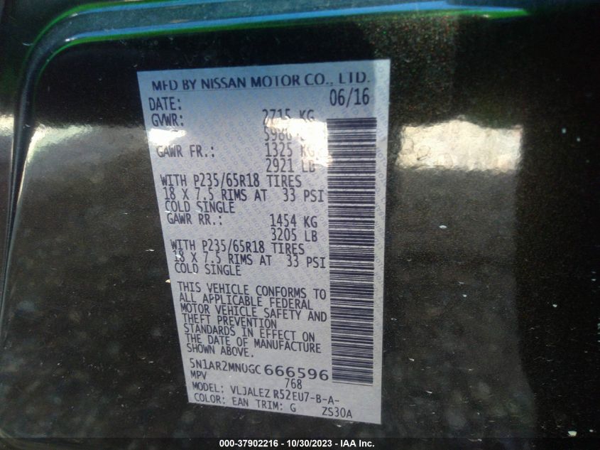 2016 Nissan Pathfinder Sv VIN: 5N1AR2MN0GC666596 Lot: 37902216