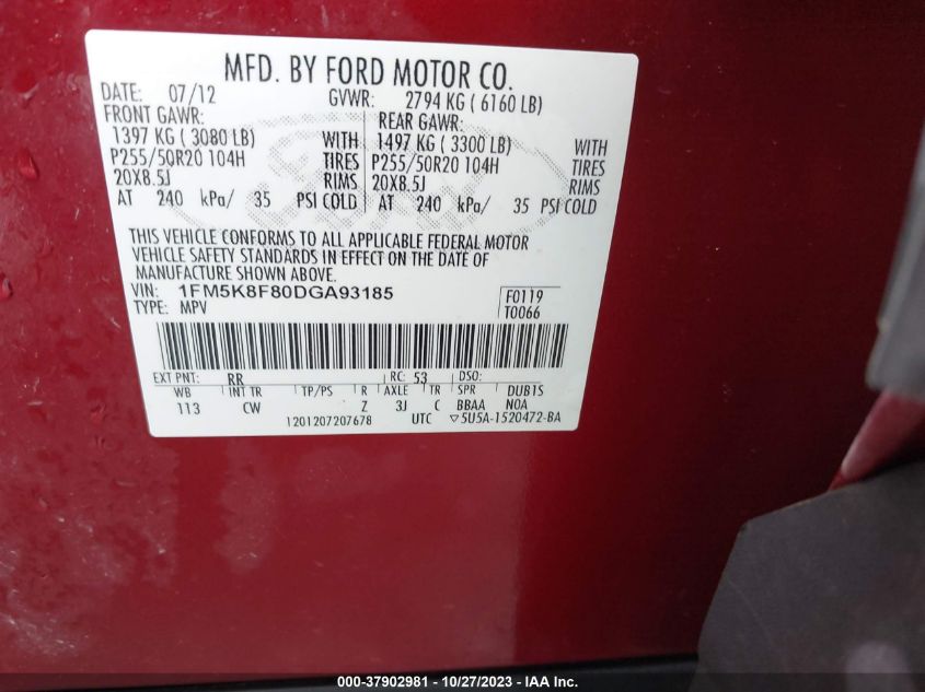 2013 Ford Explorer Limited VIN: 1FM5K8F80DGA93185 Lot: 37902981