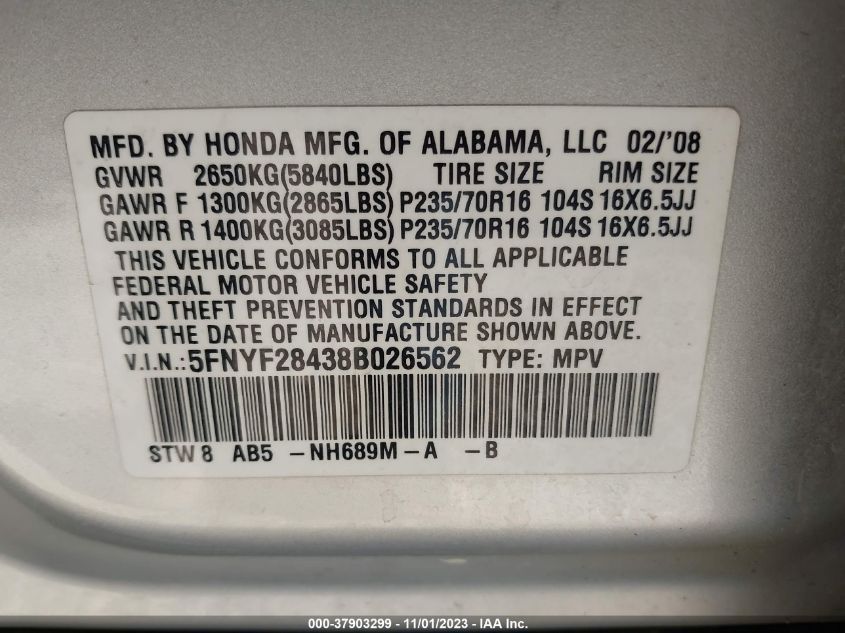 2008 Honda Pilot Ex VIN: 5FNYF28438B026562 Lot: 37903299