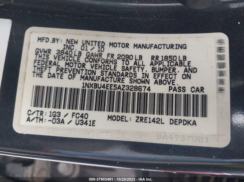 2010 Toyota Corolla VIN: 1NXBU4EE5AZ328674 Lot: 37903491