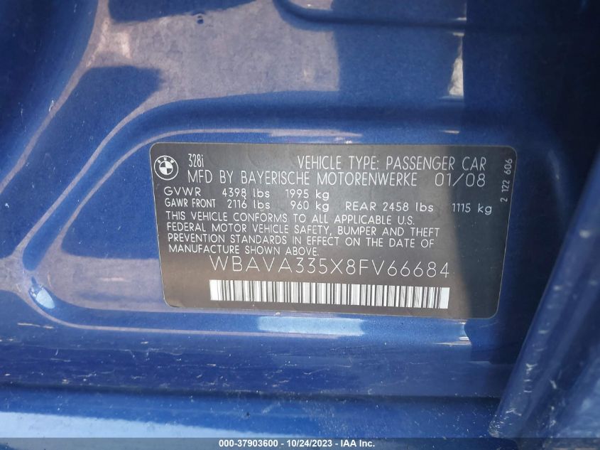 2008 BMW 3 Series 328I VIN: WBAVA335X8FV66684 Lot: 37903600