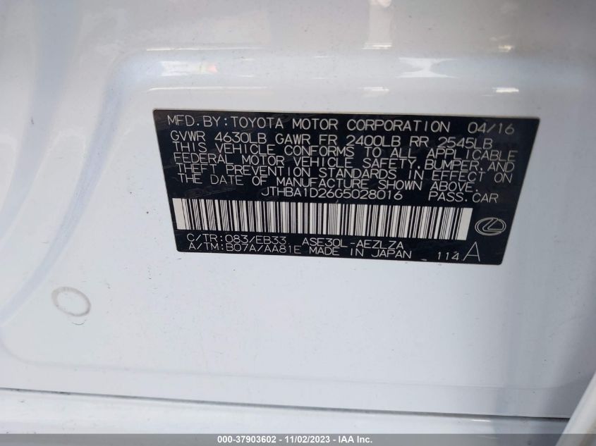 2016 Lexus Is 200T VIN: JTHBA1D26G5028016 Lot: 37903602