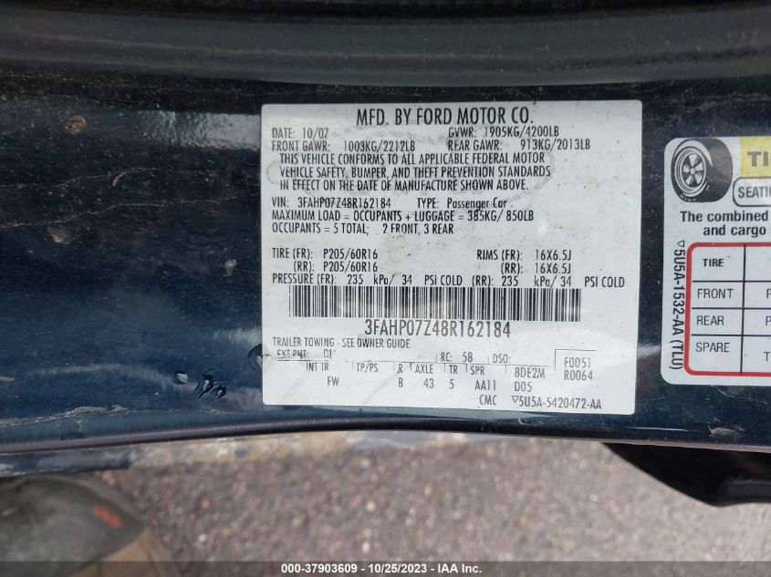 2008 Ford Fusion Se VIN: 3FAHP07Z48R162184 Lot: 37903609