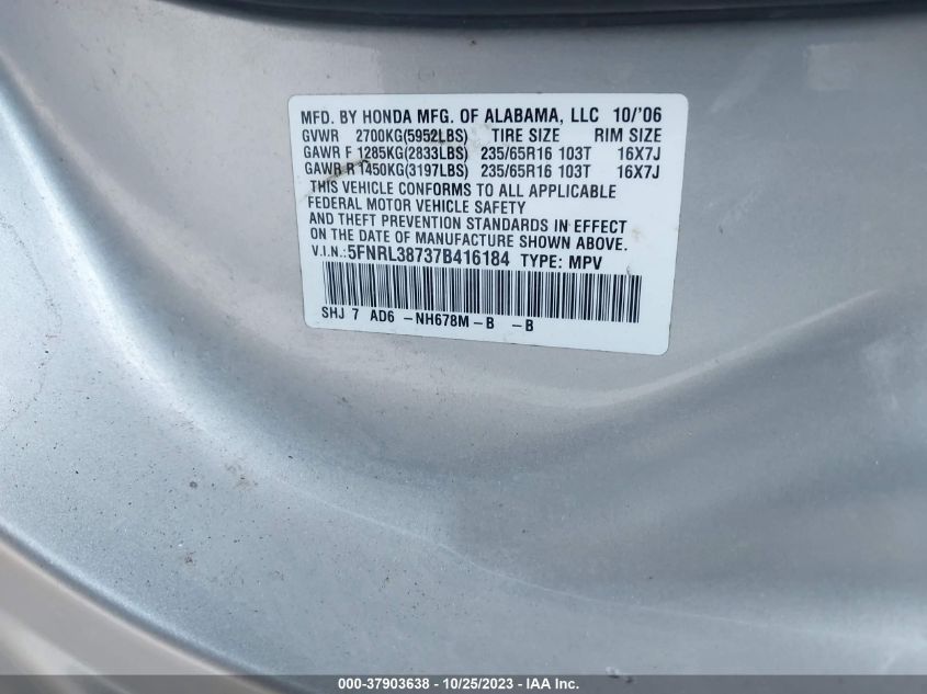 2007 Honda Odyssey Ex-L VIN: 5FNRL38737B416184 Lot: 37903638