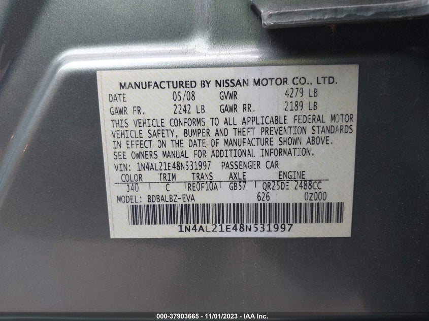 2008 Nissan Altima 2.5 VIN: 1N4AL21E48N531997 Lot: 37903665
