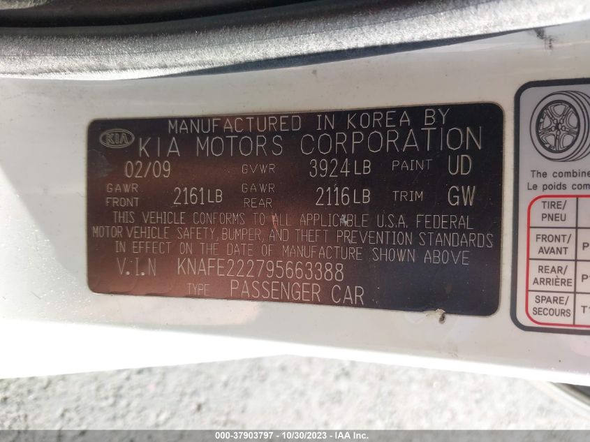 2009 Kia Spectra Ex VIN: KNAFE222795663388 Lot: 37903797