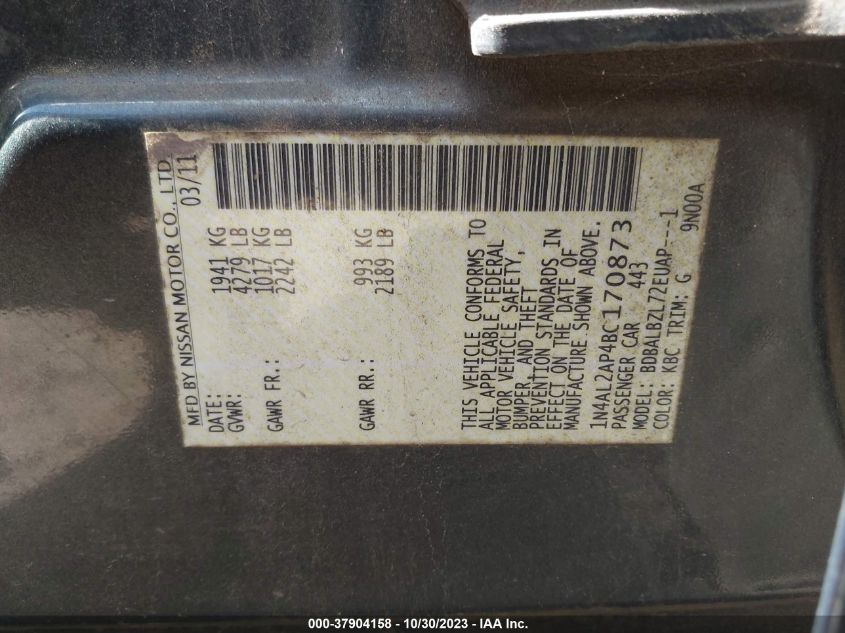 2011 Nissan Altima 2.5 S VIN: 1N4AL2AP4BC170873 Lot: 37904158