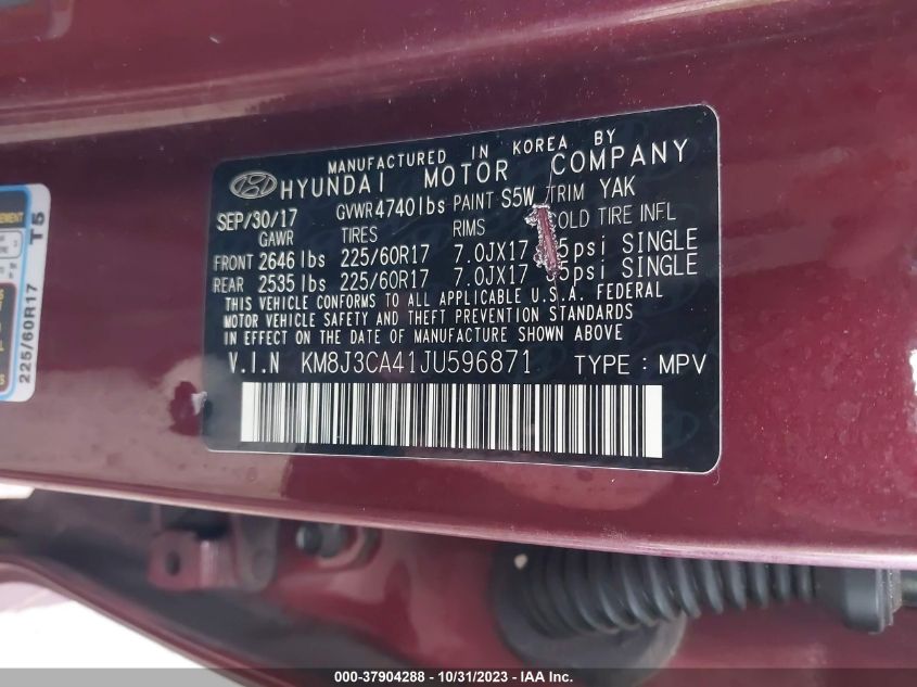 2018 Hyundai Tucson Sel VIN: KM8J3CA41JU596871 Lot: 37904288