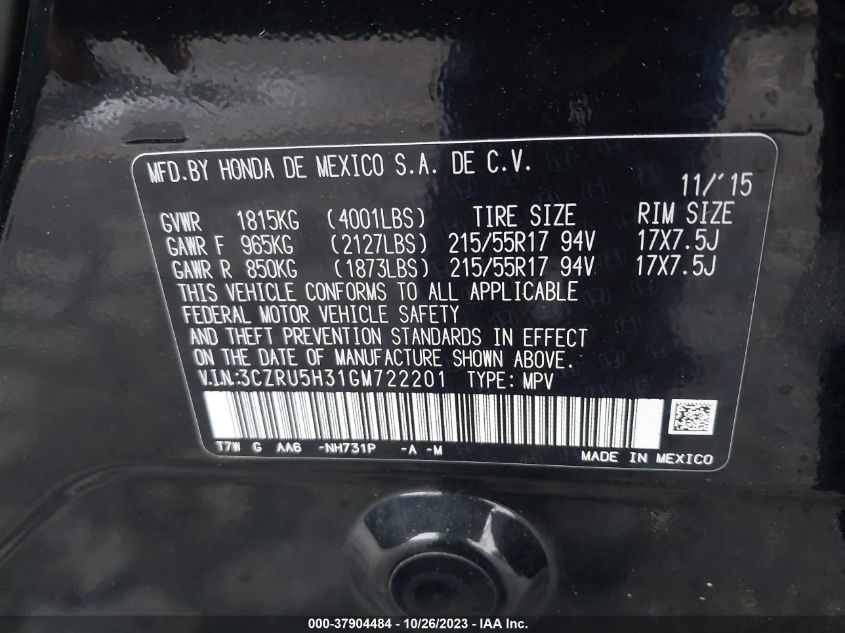 2016 Honda Hr-V Lx VIN: 3CZRU5H31GM722201 Lot: 37904484