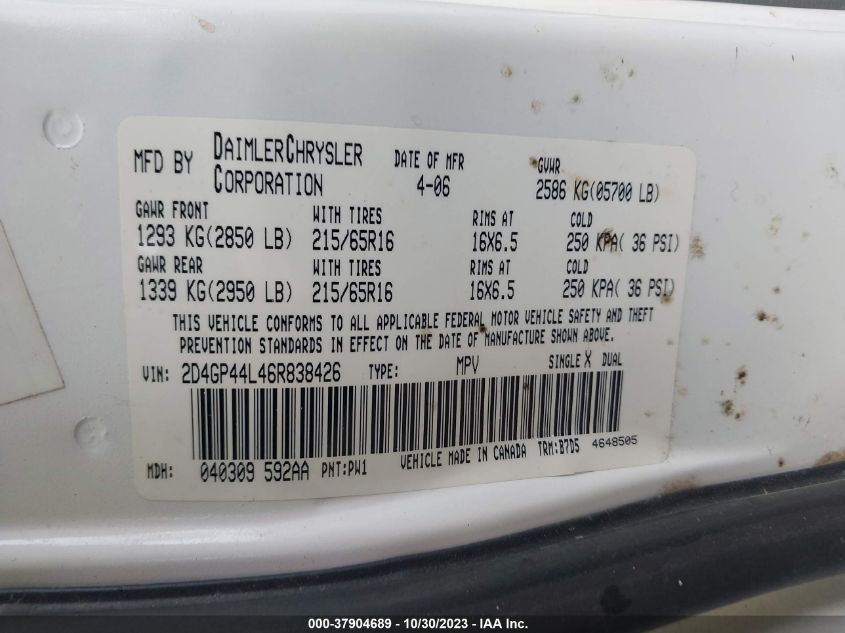 2006 Dodge Grand Caravan Sxt VIN: 2D4GP44L46R838426 Lot: 37904689