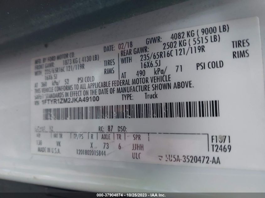 2018 Ford Transit Van VIN: 1FTYR1ZM2JKA49100 Lot: 37904874