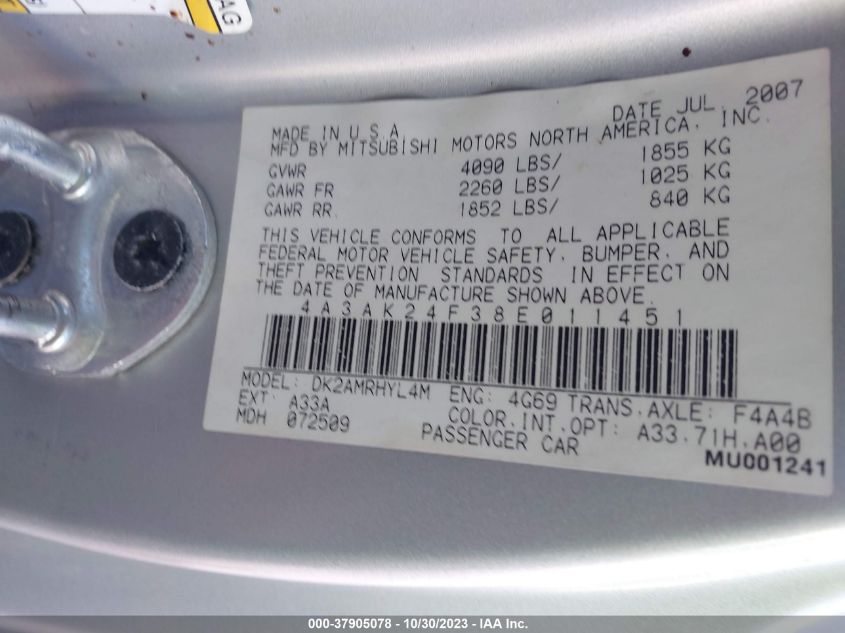 2008 Mitsubishi Eclipse Gs VIN: 4A3AK24F38E011451 Lot: 37905078