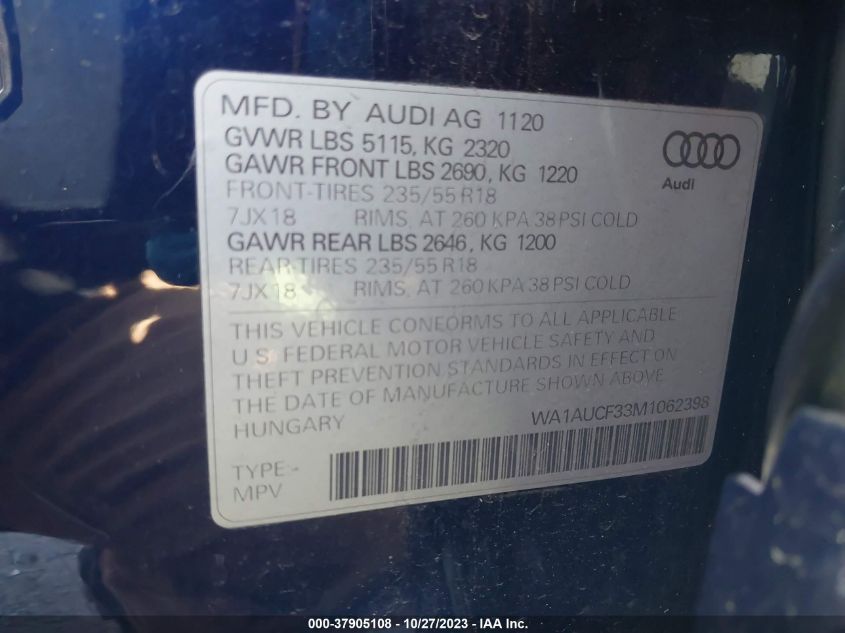 2021 Audi Q3 Premium VIN: WA1AUCF33M1062398 Lot: 37905108