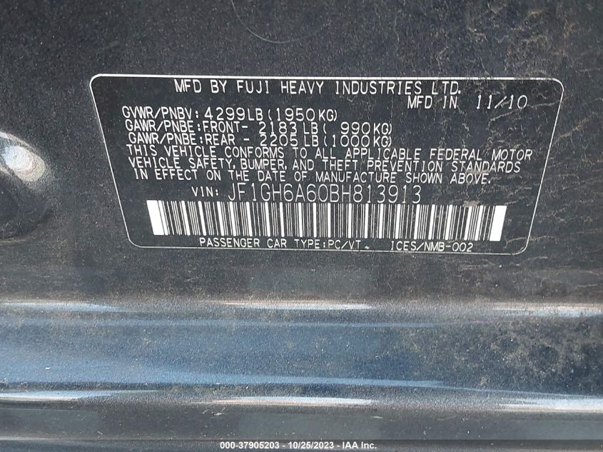 2011 Subaru Impreza Wagon 2.5I VIN: JF1GH6A60BH813913 Lot: 37905203