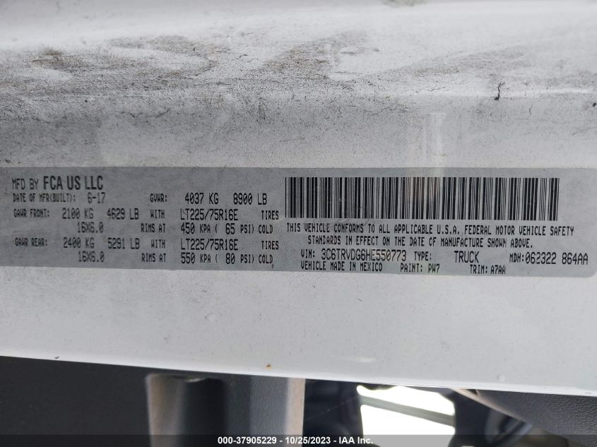 2017 Ram Promaster Cargo Van VIN: 3C6TRVDG6HE550773 Lot: 37905229