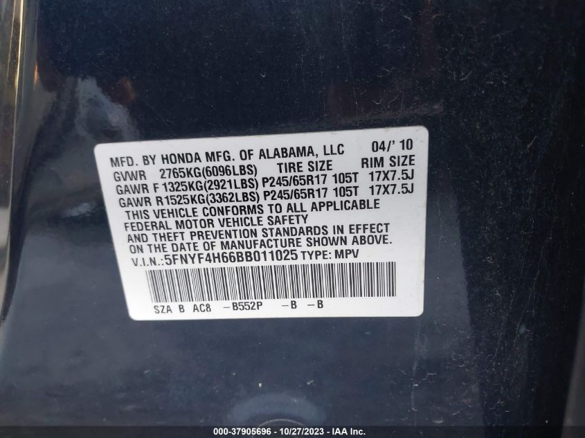 2011 Honda Pilot Ex-L VIN: 5FNYF4H66BB011025 Lot: 37905696