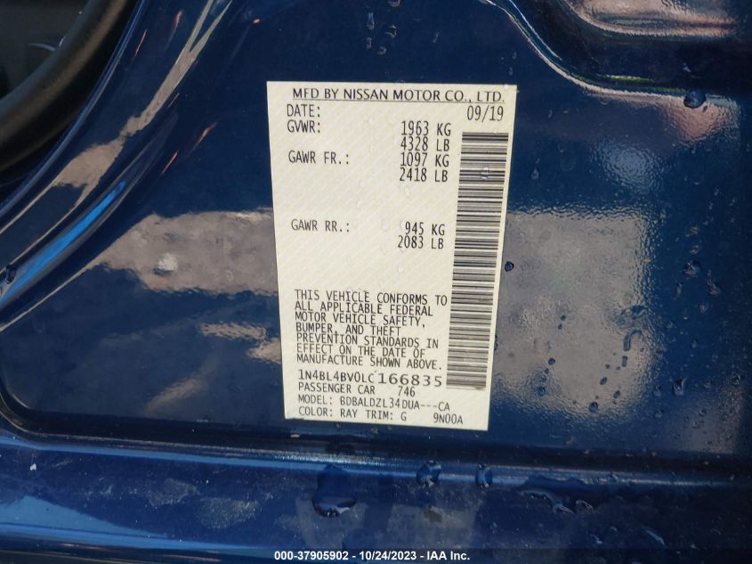 2020 Nissan Altima 2.5 S VIN: 1N4BL4BV0LC166835 Lot: 37905902