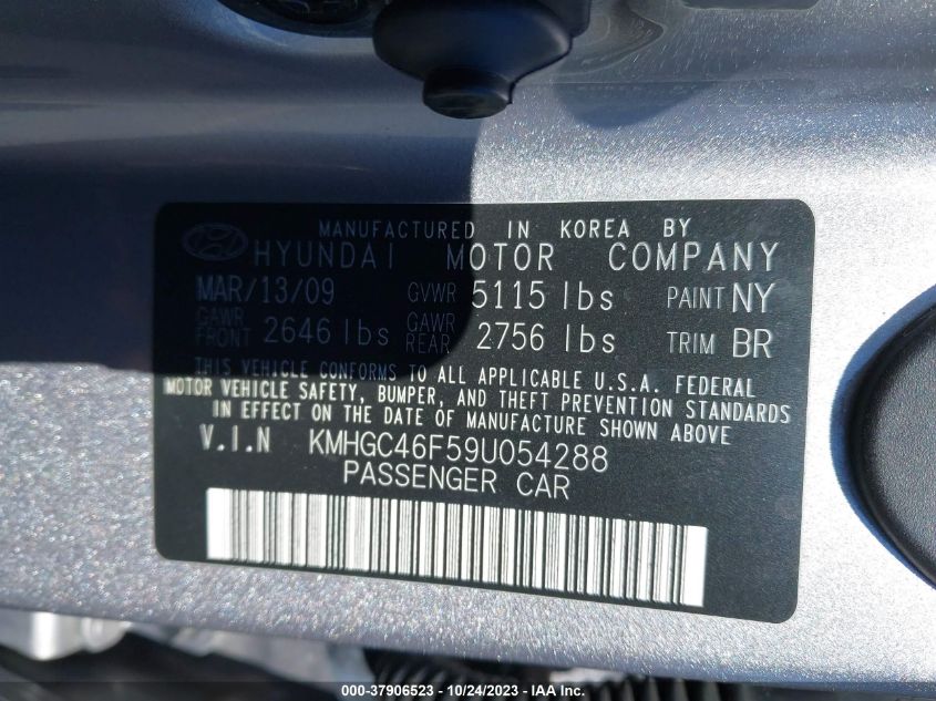 2009 Hyundai Genesis VIN: KMHGC46F59U054288 Lot: 37906523