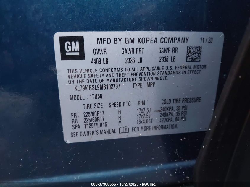 2021 Chevrolet Trailblazer Lt VIN: KL79MRSL9MB102797 Lot: 37906556