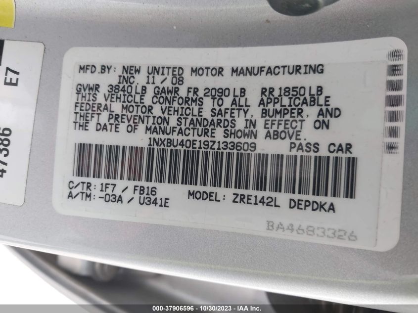 2009 Toyota Corolla VIN: 1NXBU40E19Z133609 Lot: 37906596