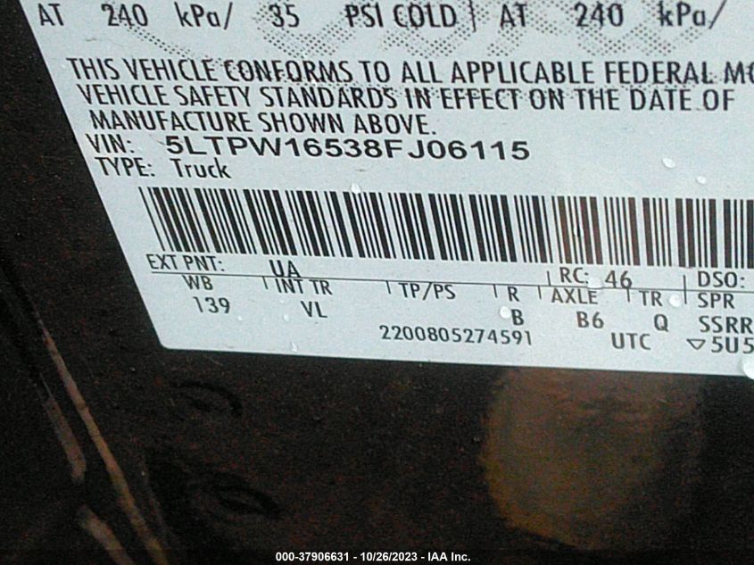 2008 Lincoln Mark Lt VIN: 5LTPW16538FJ06115 Lot: 37906631