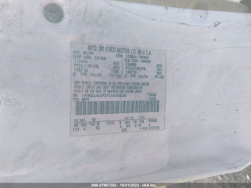 2000 Ford Explorer Xlt VIN: 1FMZU63P2YUA56626 Lot: 37907252