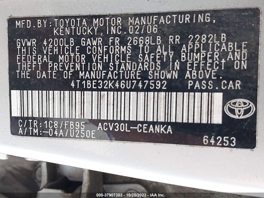 4T1BE32K46U747592 2006 Toyota Camry Le