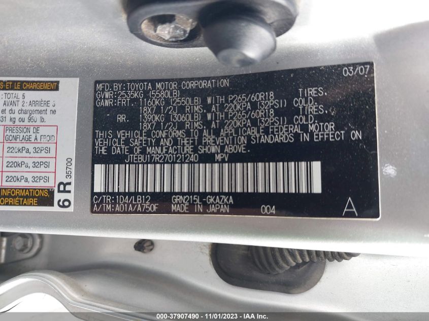 2007 Toyota 4Runner Limited VIN: JTEBU17R270121240 Lot: 37907490