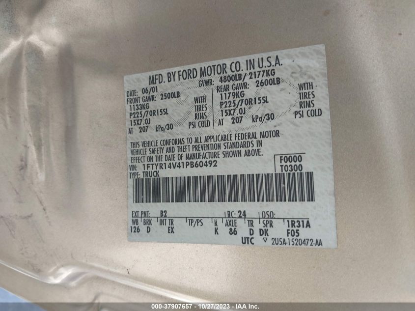 2001 Ford Ranger Xl/Xlt VIN: 1FTYR14V41PB60492 Lot: 37907657