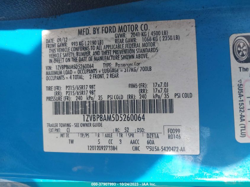 2013 Ford Mustang V6 VIN: 5GAKVBKD9FJ273741 Lot: 37907993