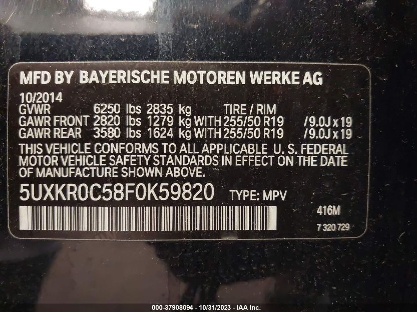 2015 BMW X5 xDrive35I VIN: 5UXKR0C58F0K59820 Lot: 37908094