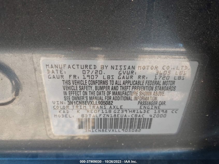 2020 Nissan Versa Sv Xtronic Cvt VIN: 3N1CN8EVXLL905082 Lot: 37909030