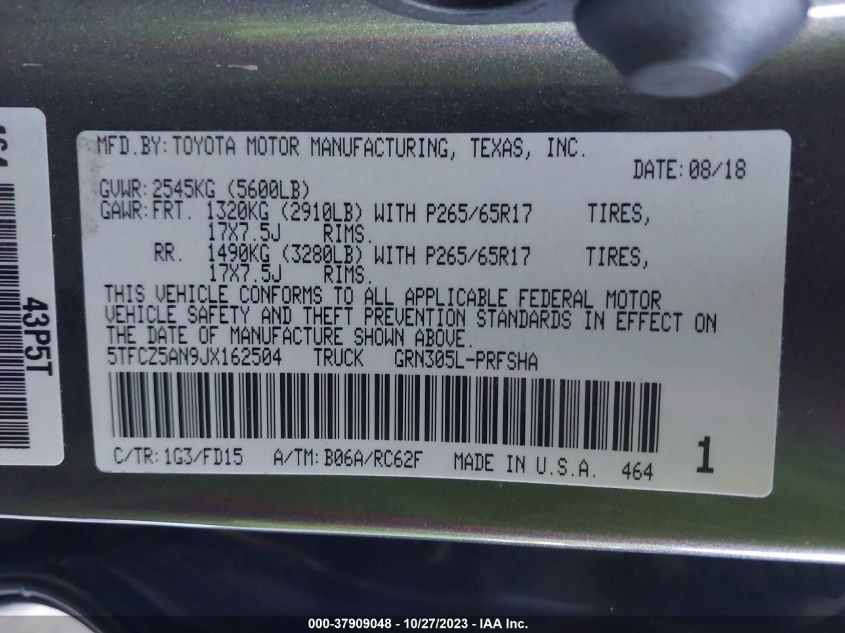 2018 Toyota Tacoma Sr/Sr5/Trd Sport VIN: 5TFCZ5AN9JX162504 Lot: 37909048