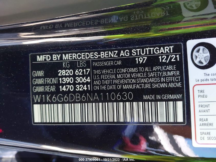 2022 Mercedes-Benz S-Class S 500 VIN: W1K6G6DB6NA110630 Lot: 37909061