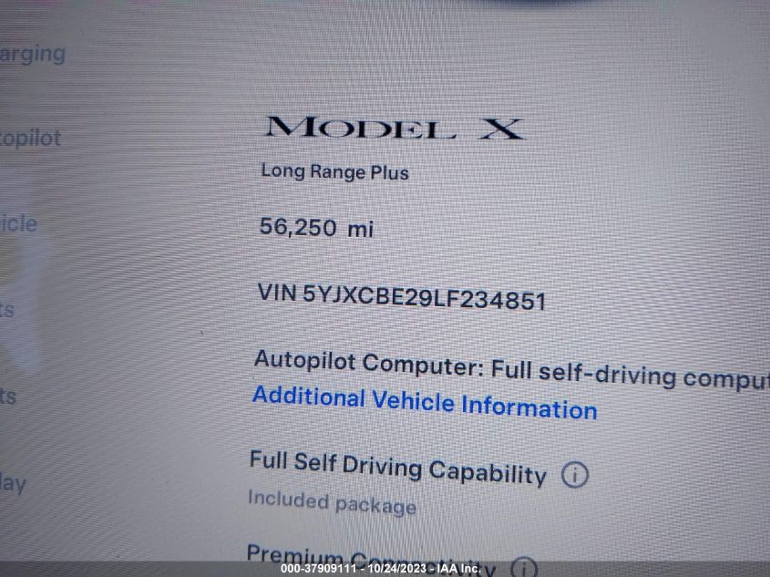 2020 Tesla Model X Long Range VIN: 5YJXCBE29LF234851 Lot: 37909111