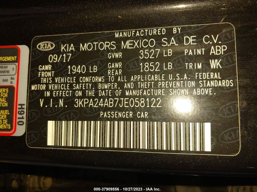 2018 Kia Rio Lx VIN: 3KPA24AB7JE058122 Lot: 37909556