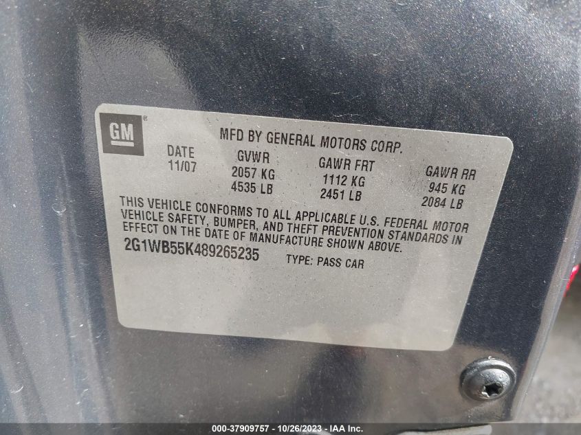 2008 Chevrolet Impala Ls VIN: 2G1WB55K489265235 Lot: 37909757