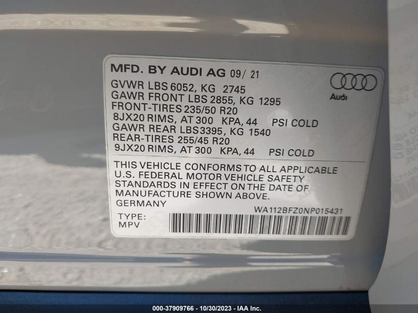 2022 Audi Q4 E-Tron Sportback Prestige VIN: WA112BFZ0NP015431 Lot: 37909766