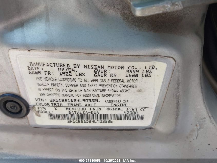 2004 Nissan Sentra S VIN: 3N1CB51D24L903526 Lot: 37910056